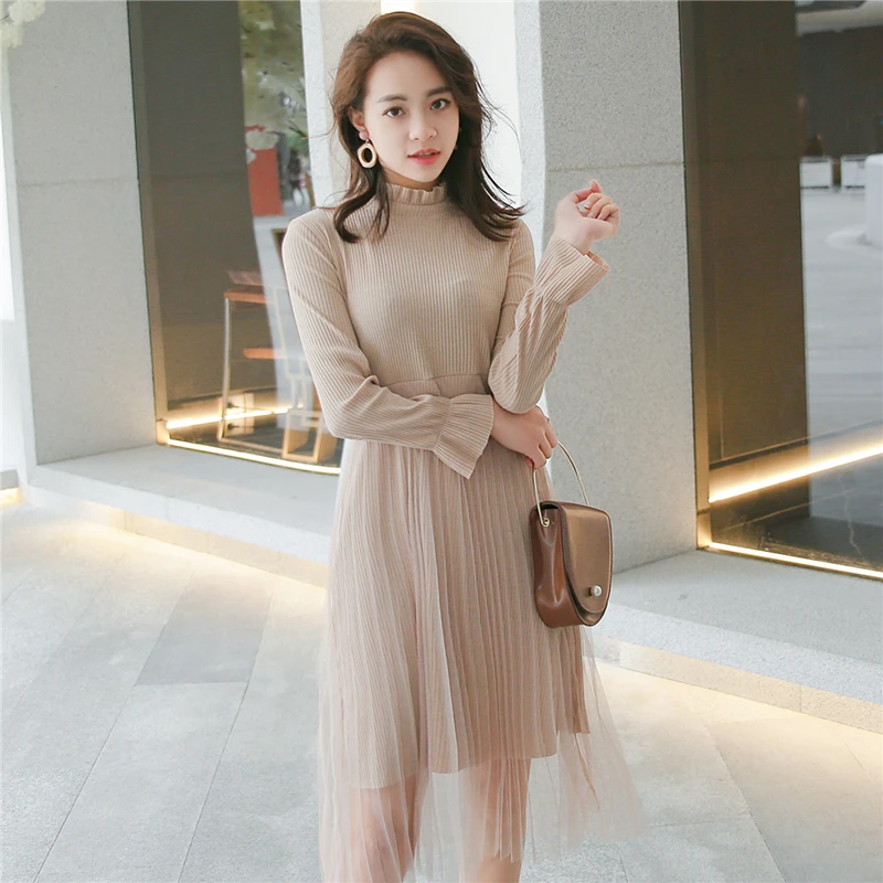 

2019 spring autumn fashion Women Mesh patchwork knitted a-line dress female elegant long sleeve casual office lady Pleated dress