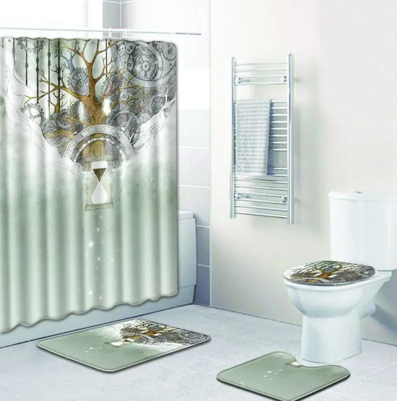 

T Countdown Bathroom Mat Set 4pcs Shower Curtain 3D Bath Mats Anti Slip Toilet Mat Set for Home Decor Dropshipping Blanket