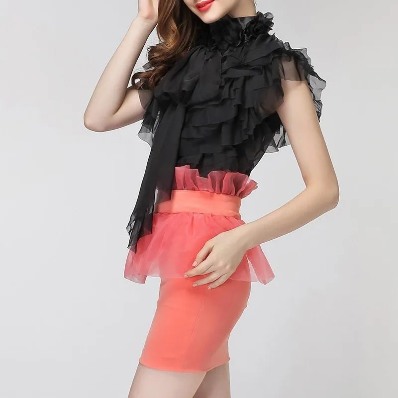  TWOTWINSTYLE Chiffon Blouse Tops Female Sleeveless Perspective Bowknot Ruffles Shirts For Women 201