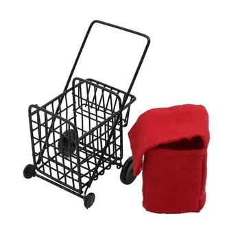 

1:12 Scale Dollhouse Metal Shopping Cart with Red Bag Miniature Doll House Accessories Decoration Toys for Children Kids