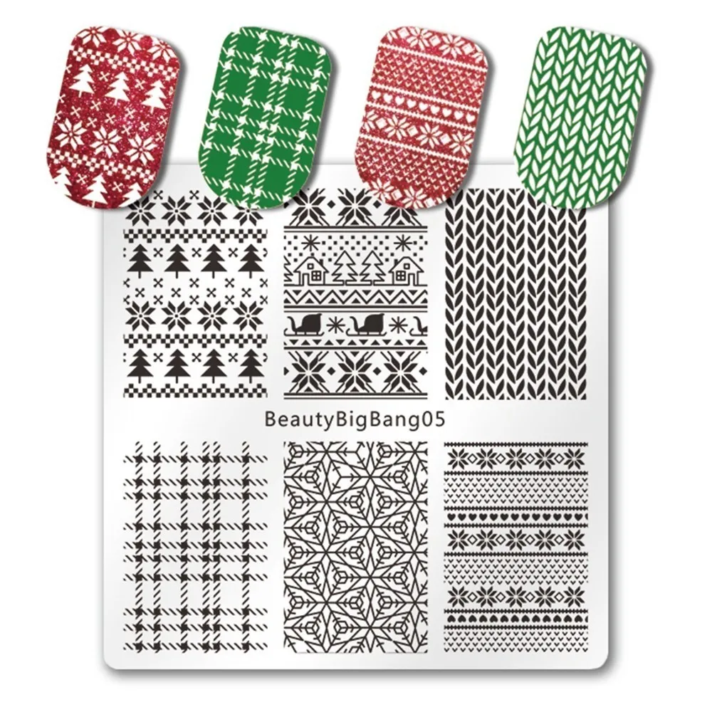 

1pc BeautyBigBang Christmas Nail Stamping Plate Xmas Winter Tartan Knitted Pattern For Manicure