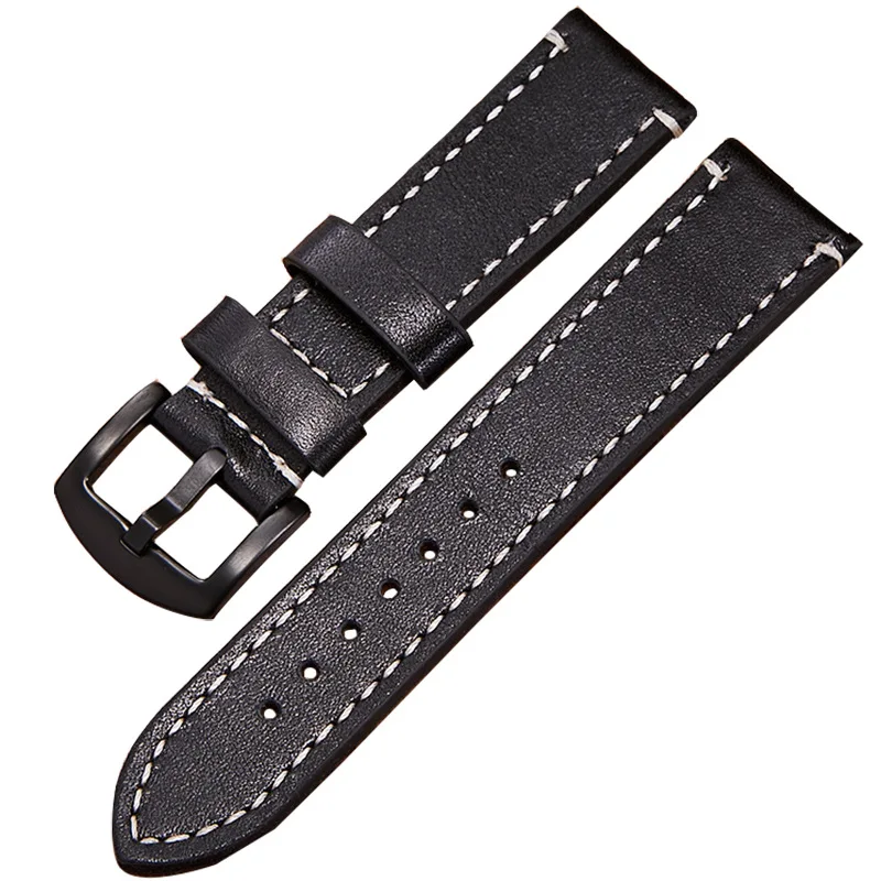 TOP Quality 22mm Smooth Genuine Leather Watch Band Strap Black Dark Brown Vintage Watchbands Belt Silver Black Buckle
