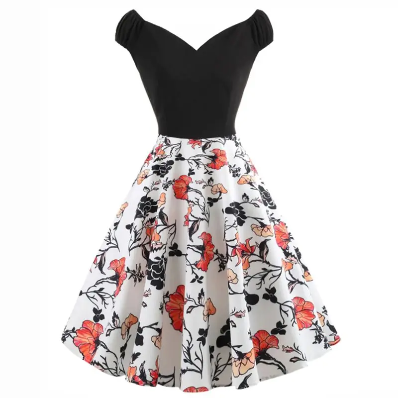 

Women Midi Dresses Elegant Casual Sexy White Simple Sweet Vintage Plus Size Aline Zipper Floral Print Female Fashion Retro Dress