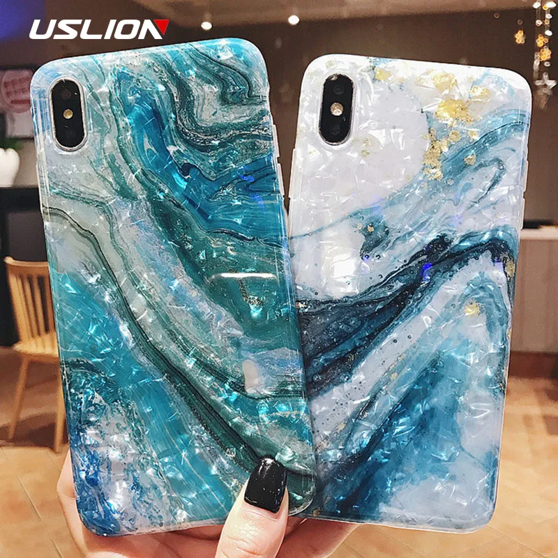 

USLION Glitter Marble Phone Case for iphone X XS MAX XR Dream Shell Silicone Cover for iphone 7 8 6 6S Plus Soft TPU Leaves Case