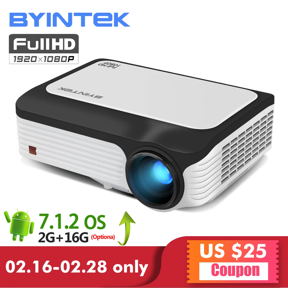 BYINTEK M1080 Smart Android 7.1 (2GB+16GB) Wifi Wireless FULL HD 1080P 1920x1080 Portable Video LED Home Mini Projector