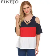 Women T Shirt Summer Fashion V-Neck Cold Shoulder Hollow Out Half Sleeve Patchwork Casual Loose T Shirt Tops Tee white cut out cold shoulder 3 4 length sleeves t shirt