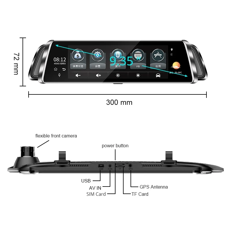  10 Inch Dash Cam Car DVR Stream Media Dual Lens Mirror Full Press Screen HDR Reversing Backup Camer