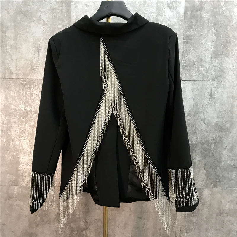 

[EWQ] 2019 New Pattern Spring Solid Patchwork Single Button Back Tassel Design Net Red Casual Coat Women Fashion Tide AD97500