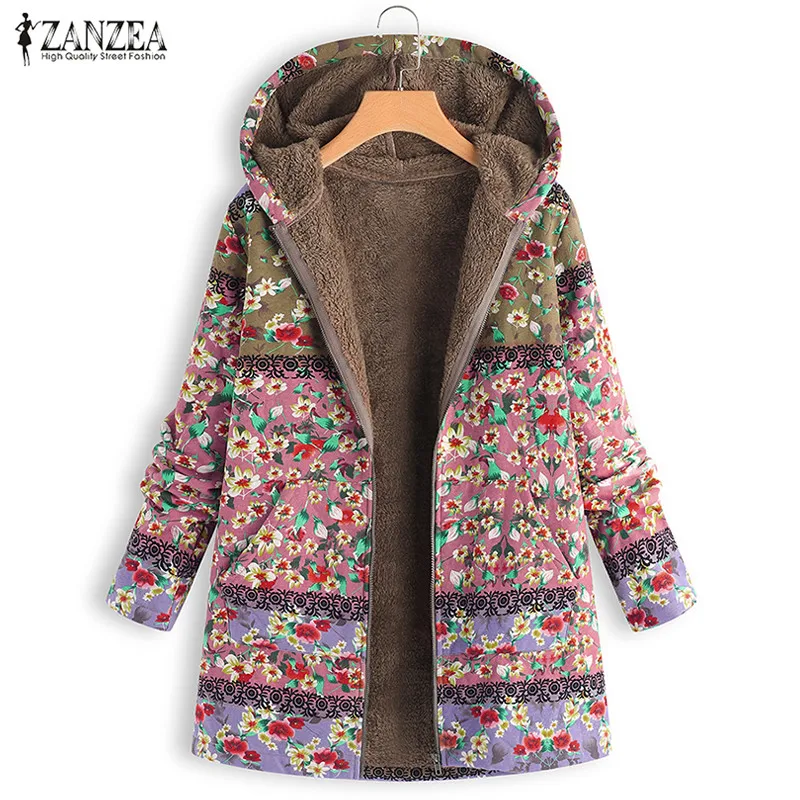 

2019 ZANZEA Women Hoodies Long Sleeve Warm Jackets Winter Plush Fluffy Coats Casual Hooded Faux Fur Fleece Floral Outwear