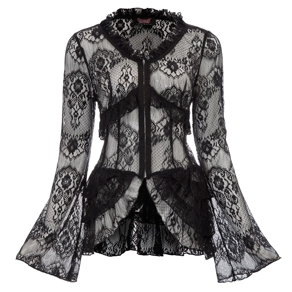 Винтажные элегантные женские топы черного цвета и цвета слоновой кости, стимпанк куртка, просвечивающий длинный рукав-колокол, v-образный вырез, несимметричный подол, кружевное пальто, праздничная одежда