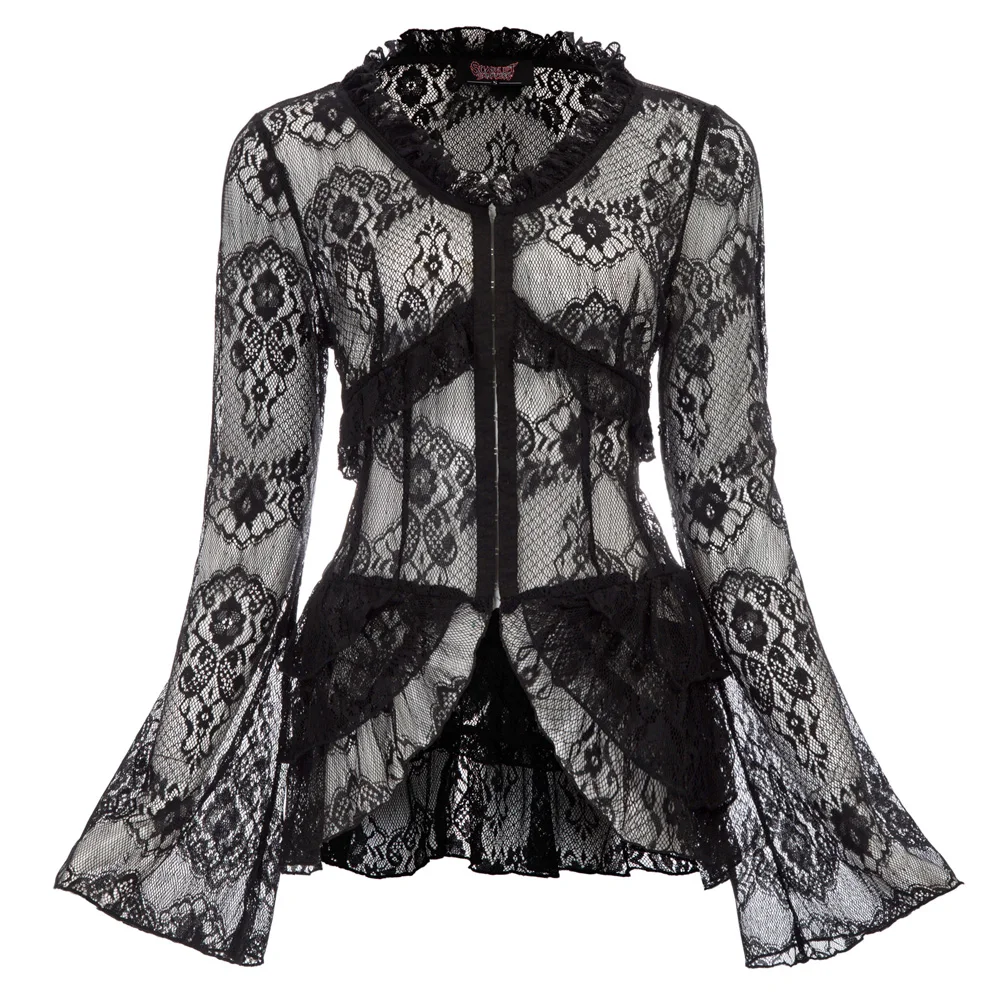 

vintage elegant Women tops black ivory Steampunk jacket See-Through Long Bell Sleeve V-Neck Irregular Hem Lace Coat party wear