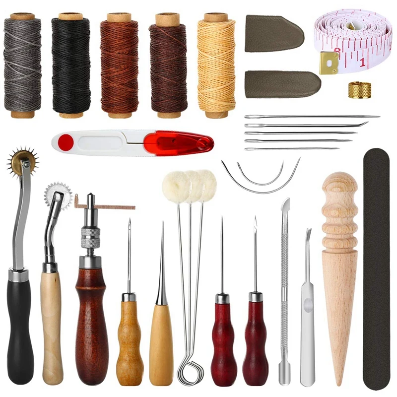 

31 Pcs Leather Sewing Tools Diy Leather Craft Tools Hand Stitching Tool Set With Groover Awl Waxed Thread Thimble Kit