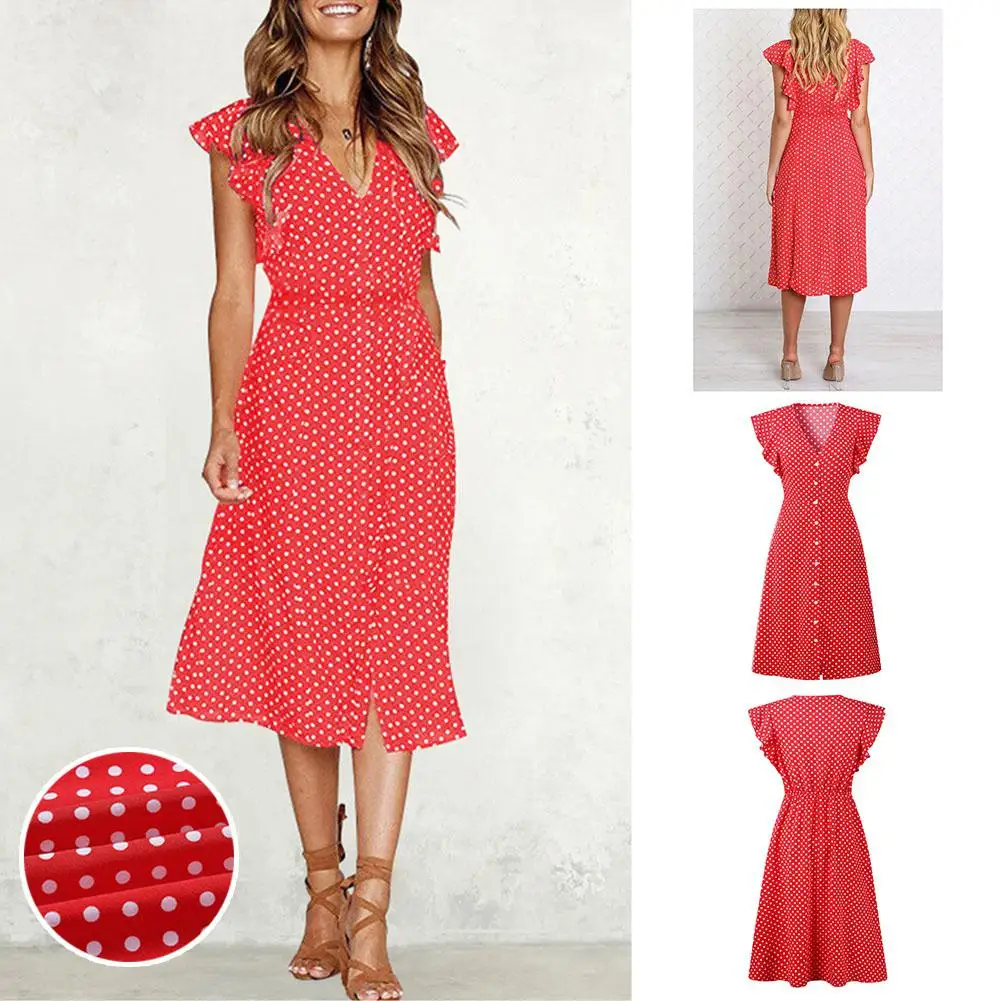 

MISSKY 2019 New Dacron Summer Women Button Summer Dot Printing Flouncing V Neck Sleeveless Dress Female Clothes