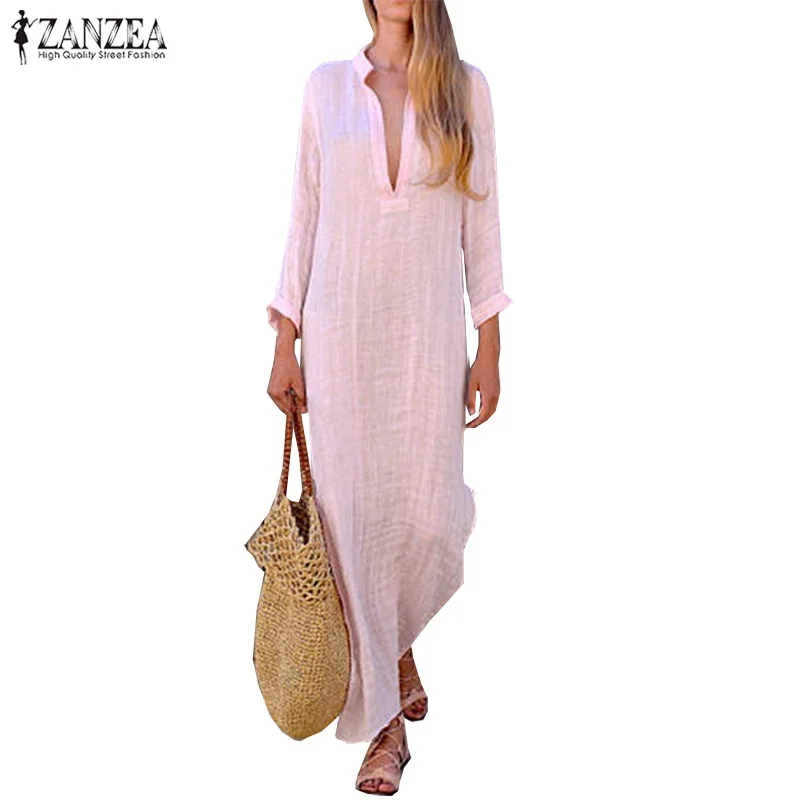 

ZANZEA Women Autumn Vintage V Neck Long Sleeve Solid Long Dress Casual Kaftan Vestido Femme Party Robe Cotton Linen Sundress