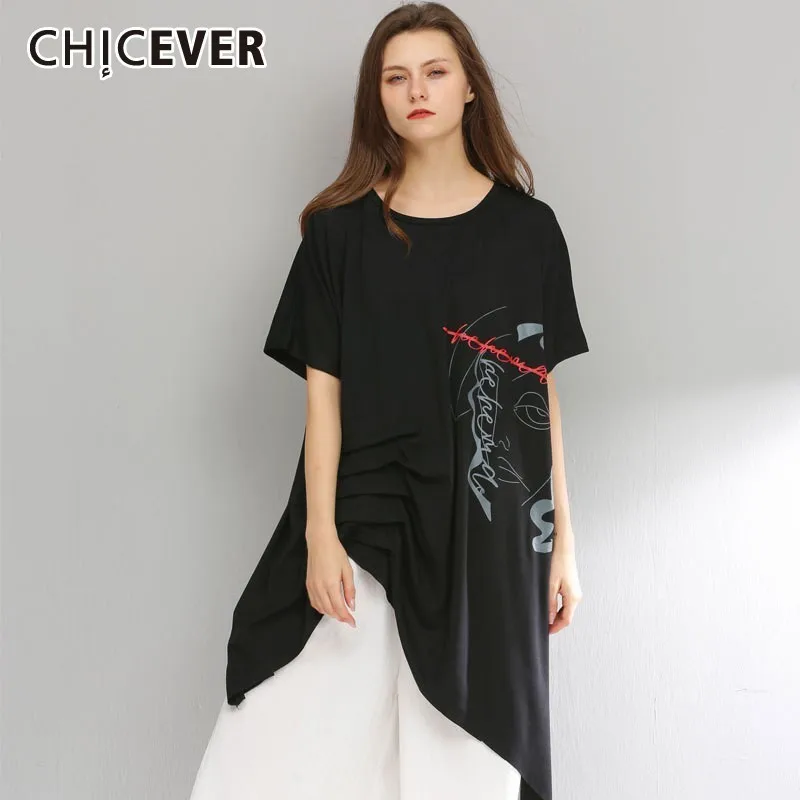 

CHICEVER Summer Casual Print Irregular Hem Draped Women T-shirt O Neck Short Sleeve Loose Plus Size Female Top Clothing 2019 New