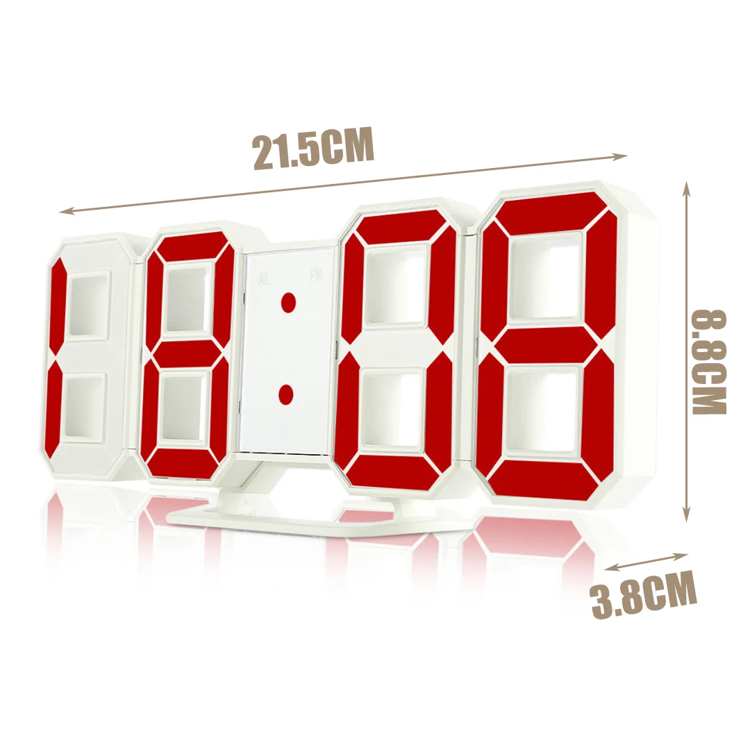 

Modern Style 3D 3 Brightness Digital LED Wall Alarm Clock Snooze 12 or 24 Hour Display + USB Cable