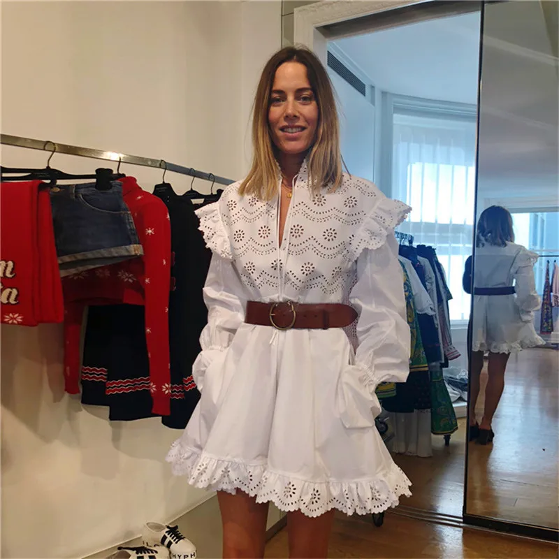 

2019 Summer Boho Women White Mini Dress Floral Hollow Out Runway Designer Ruffles Female A Line Dresses Party Clothes
