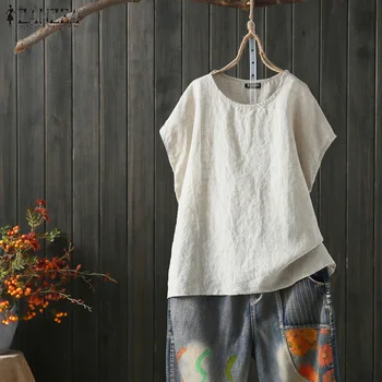 

ZANZEA 2020 Summer Linen Shirts WomenVintage Short Sleeve Blouse Female O Neck Split Blusas Tunic Tops Plus Size Shirt