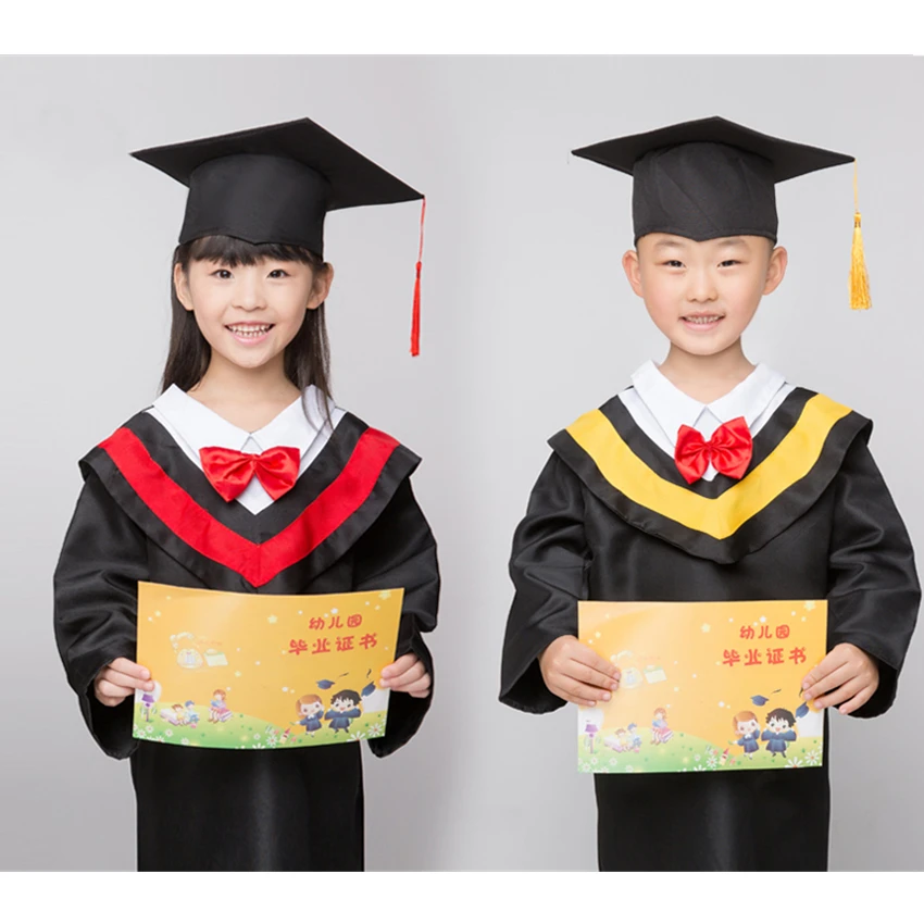 

Kids Bachelor School Uniform Red Yellow Graduation Dress College Academic Class Photography Performance Robes Gowns with Hat