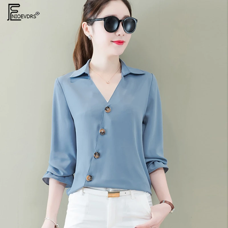 2019 camisas de primavera de moda para mujer de manga larga elegante Oficina señora cuello en V Tops botón rojo azul blanco camisa F287|Blusas camisas| - AliExpress