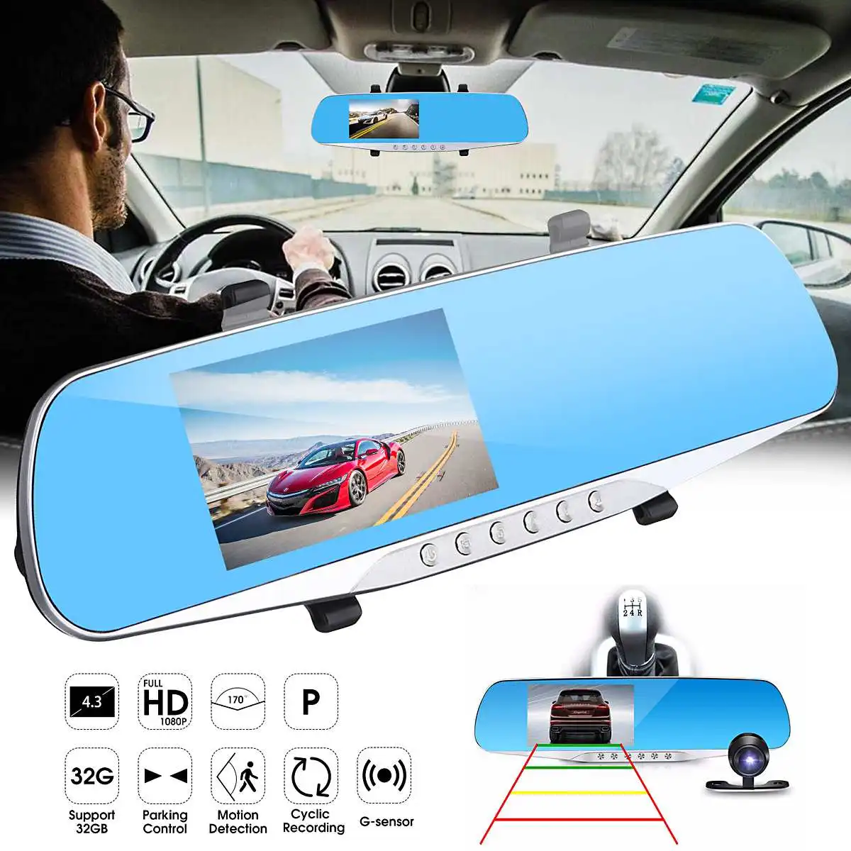 

4.3 Inch Dual Lens Car DVR Camera Blue Rearview Mirror Camcorder Video Recorder Auto Registrator Dash Cam Night Vision