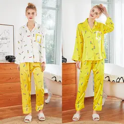 Узор подражать натурального шелка мадам пижамы новые продукты сезон: весна-лето с длинными рукавами Домашняя одежда два бумажный костюм
