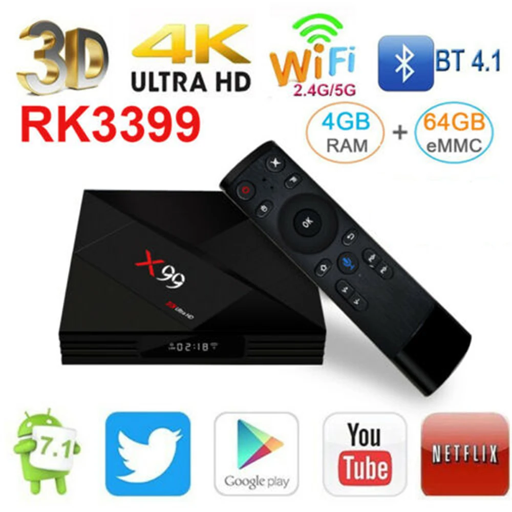 

X99 4GB +64GB TV Box RK3399 Mali - T860MP4 Android 7.1 HDR10 2.4G +5G +AC WIFI BT4.1
