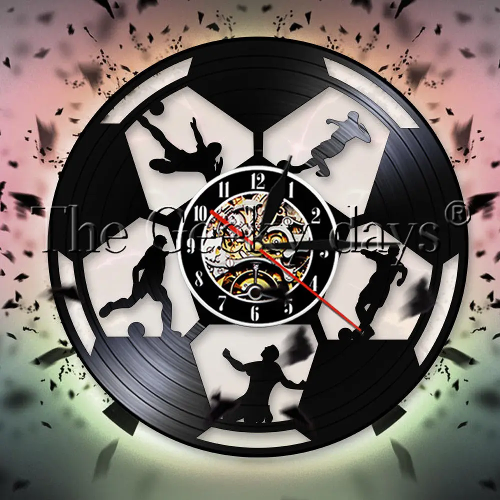 Play Football Group Sports Vinyl Record Wall Clock Modern Design Soccer