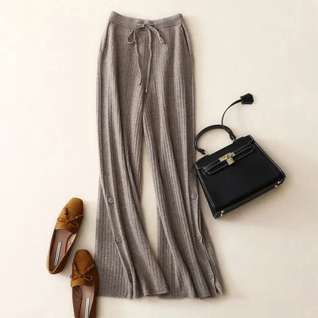 $US $151.55 shuchan Winter Trousers Women 100% Cashmere Pants Knitted High Waist Side Buttons Wide Leg Pants Fashion Solid Ladies Pantalones