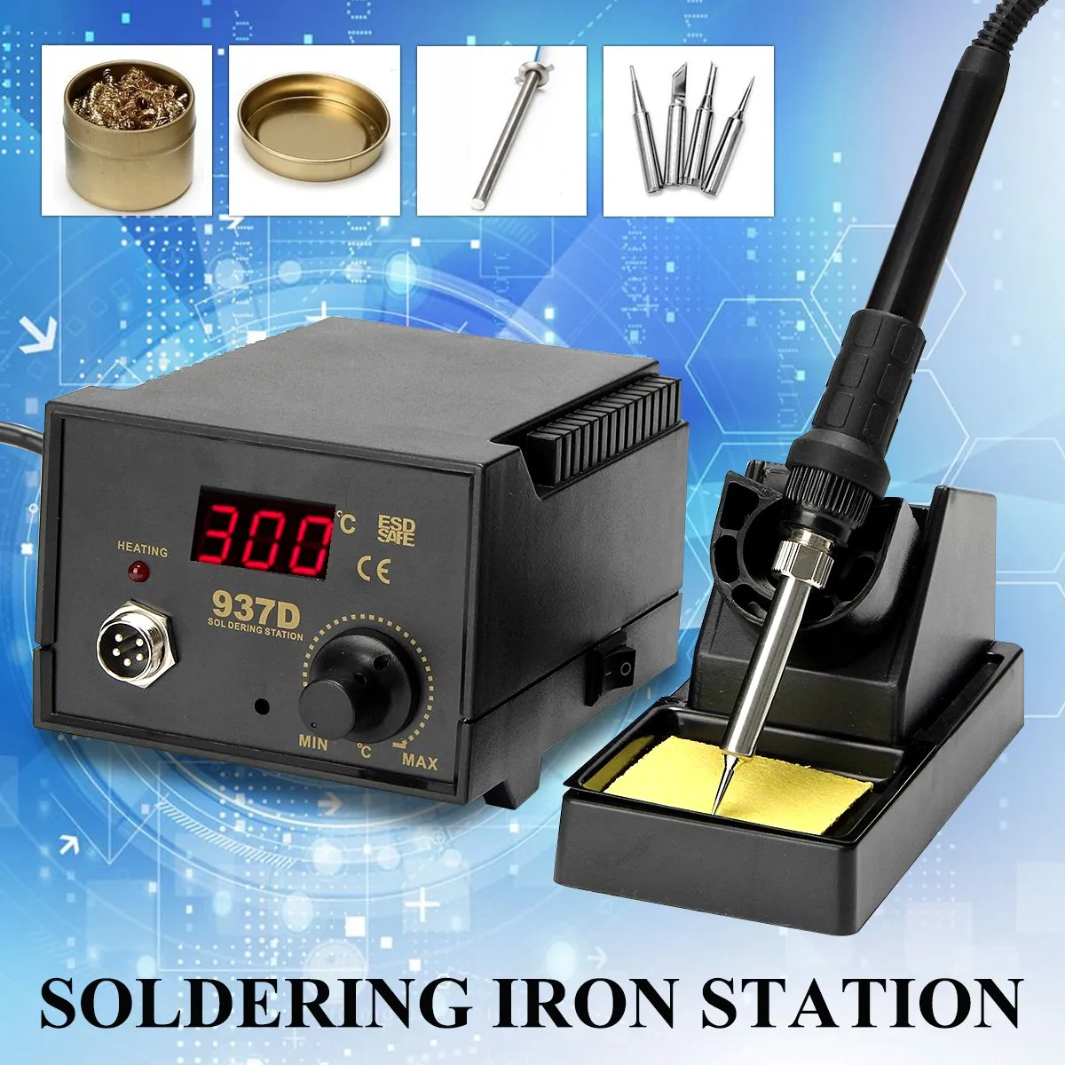 

937D 75W Digital Rework Soldering Station Repair Welding Soldering Iron Set with 4 Tips and Cleaner Heating element Tool kit