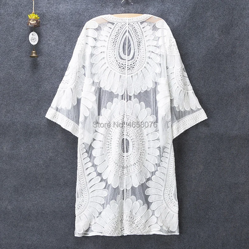 

New Summer Swimsuit Lace Hollow Crochet Beach Bikini Cover Up 3/4 Sleeve Women Tops Swimwear Beach Dress White Beach Tunic Shirt