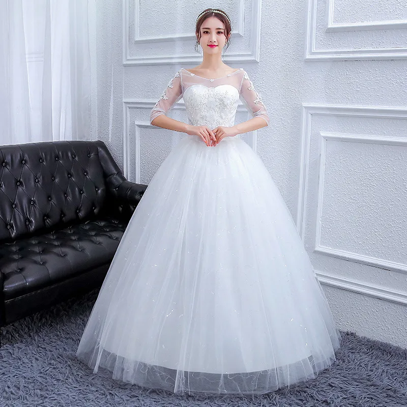 

2019 Wedding Dresses Turkey Elegant Ball Gown O Neck Half Sleeve Appliques Princess Bridal Gown Lace Up Back Vestido De Noiva