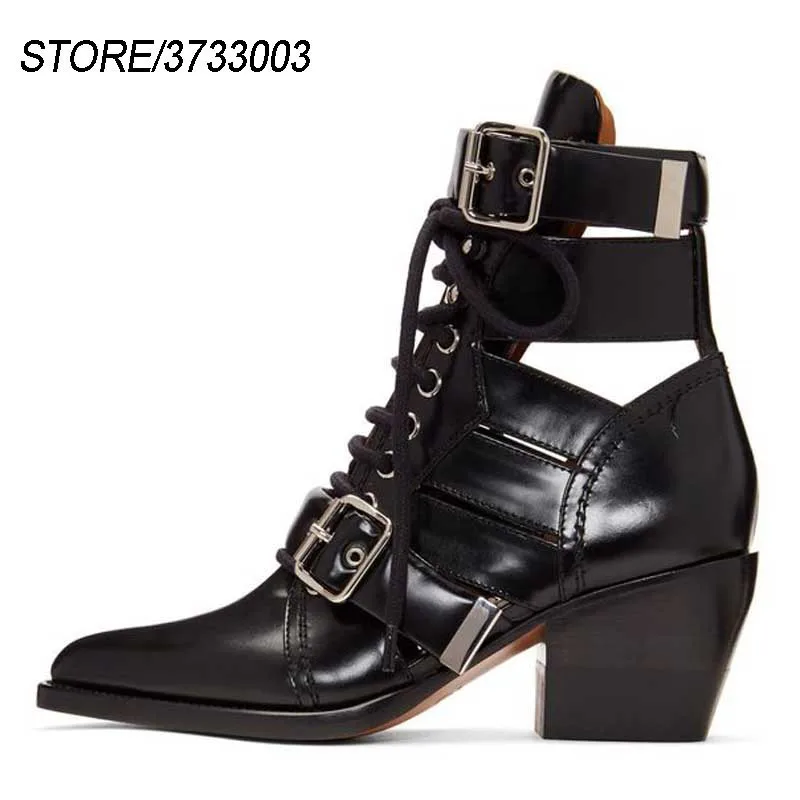 

2019 Rock Style Cut-out Cool Boots Women Pointed Toe Metal Buckle Chunky High Heel Shoes Woman Ankle Boots Summer