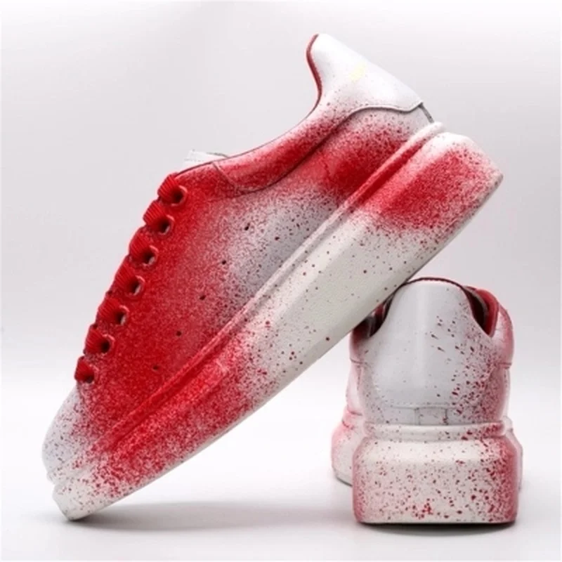 

Luxury Leather Flat Bottom White Shoes Female Splash ink art design Genuine Leather Lace Casual Shoes Platform Sneakers