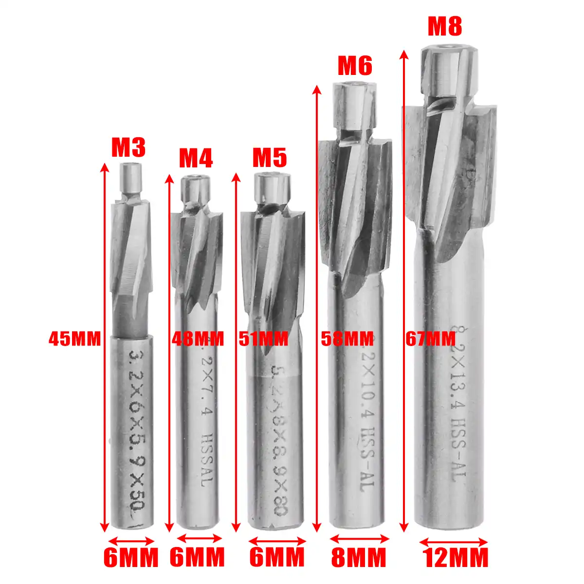 5pcs M3-M8 HSS-AL 4 Flute Countersink End Mill Cutter Drill Bit Slot Kit Tools