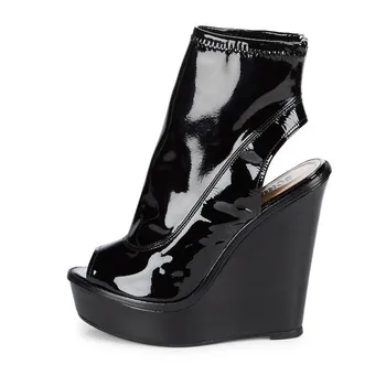 

2019 summer new fish mouth waterproof platform wedge with casual sandals super high heel black patent leather ladies sandals