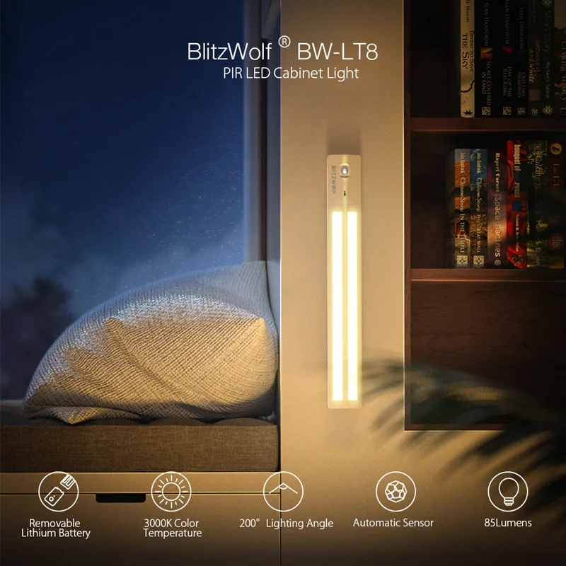BlitzWolf BW-LT8 датчик движения светодиодная подсветка под шкаф съемная литиевая батарея 3000K Цветовая температура Ночной светильник теплый белый