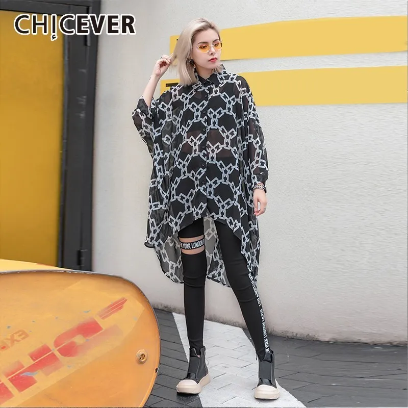 

CHICEVER Summer Casual Chiffon Print Women Shirt Lapel Long Sleeve Button Loose Plus Size Female Top Clothing 2019 Fashion Tide
