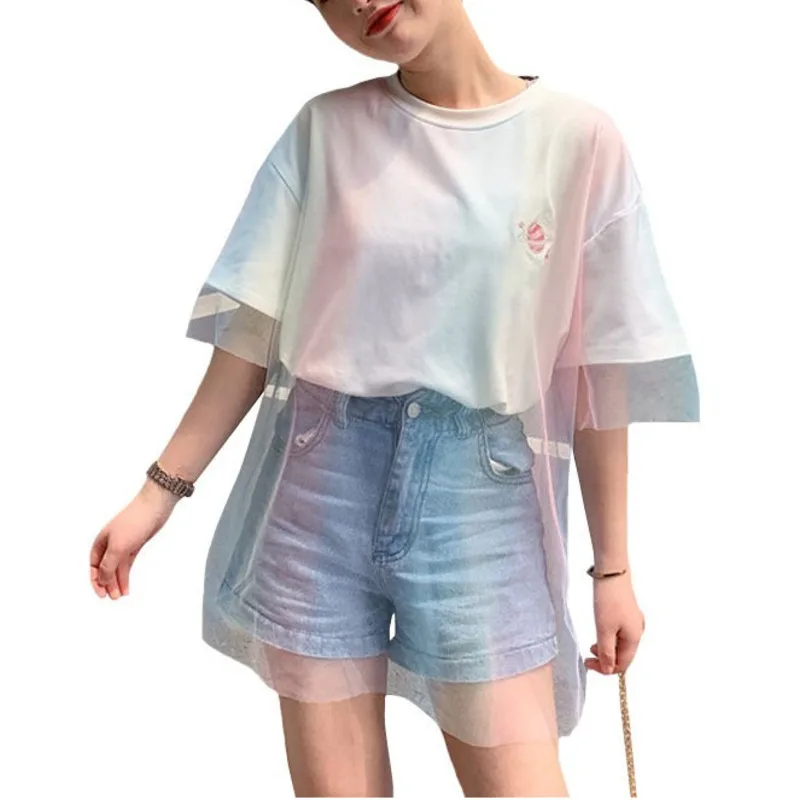 

Two Pieces Set Fashion Hollow Out T Shirt Women Sweet Summer Embroidered Tops Cover Up Rainbow Mesh Voile Short Sleeve Loose Tee