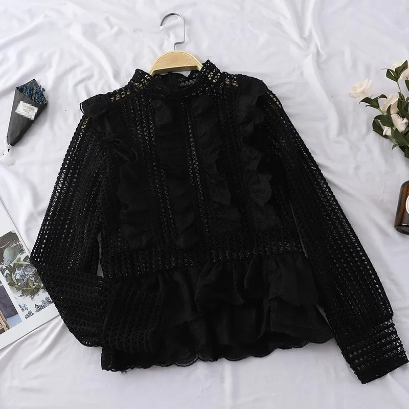 

Women 2019 New Hollow Out Ruffled Pleated Lace Blouses Fashion Spring Stand Collar Sweet Shirts Casual Long Sleeve Solid Tops