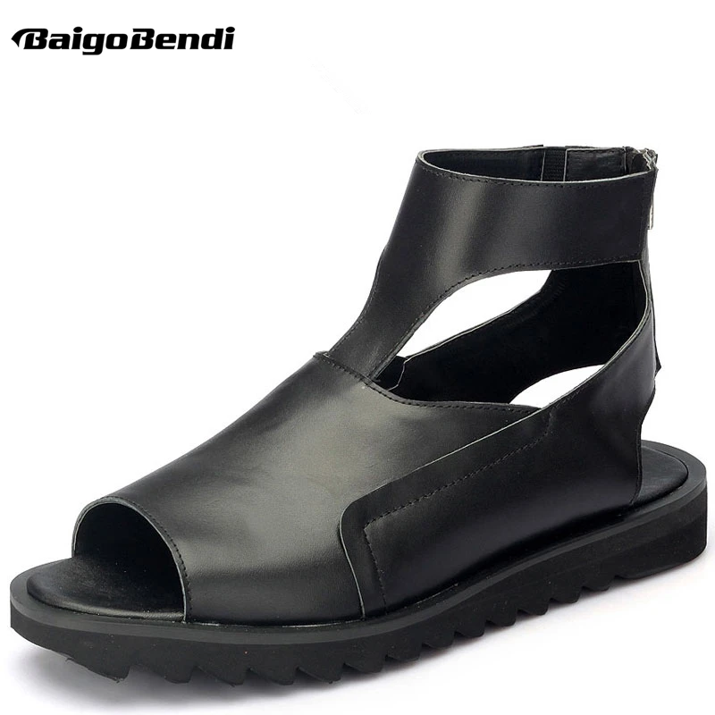 

Man Rome Style Gladiator Fighter Sandals Genuine Leather Hight Cut Sandals Men Summer Zip Open Toe Thick Heel Shoes