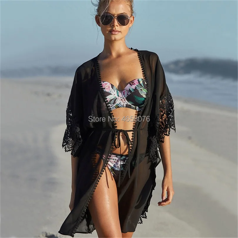 

2019 Tunic for Beach Bathing suit cover ups Black Chiffon Beach Dress Women Beachwear Lace Bikini cover up Saida de Praia