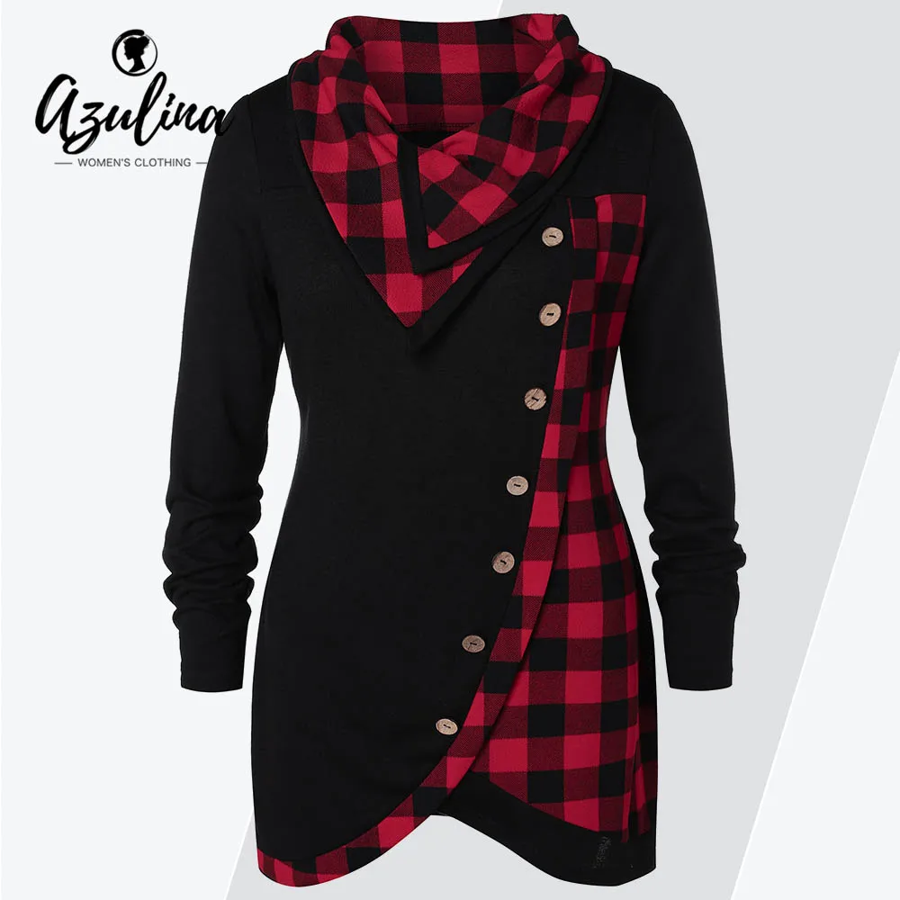 AZULINA Plus Size Skew Button Plaid Spliced Tulip Front T-shirt Women Casual Skew Collar Long Sleeve T shirt Ladies Clothes 5XL