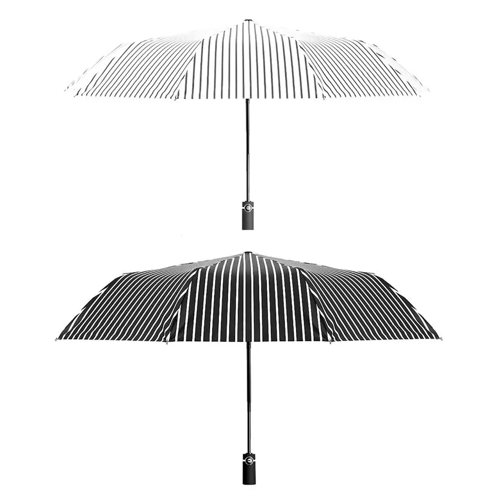 

10 Bone Umbrella Automatic Folded Black And White Striped Travel Umbrella Waterproof Sun Protection Electric Umbrella Stand