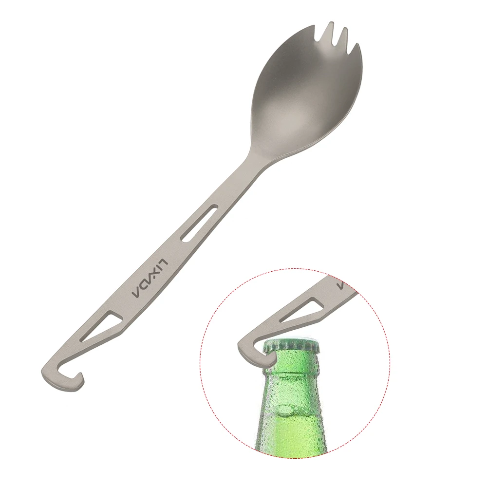 Lixada cena cuchara Tenedor de titanio Spork con abrelatas de botella ligera al aire libre la cena cuchara tenedor para viajes de Camping mochila