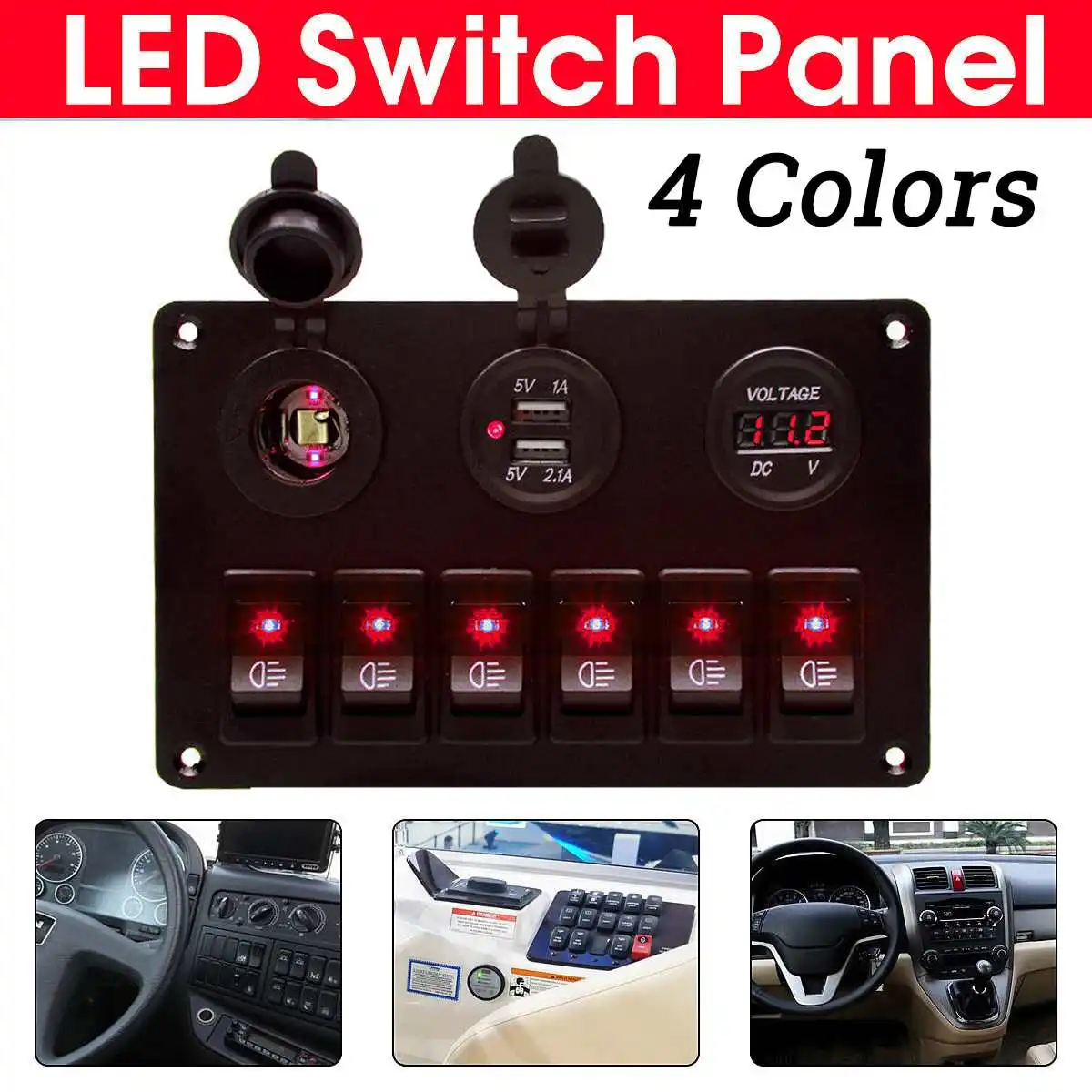 

Rocker Switch Panel 6 Gang Led Display Voltage Dual USB Charging Ports Switch Universal for 12V 24V Car Yacht Boat Caravan