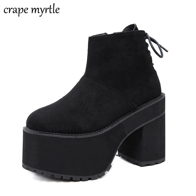 

Fashion Thick Heels Black Boots Women Heel Ankle Boots Platform Brand Designer Flock Ladies Shoes For Party Footwear YMA584