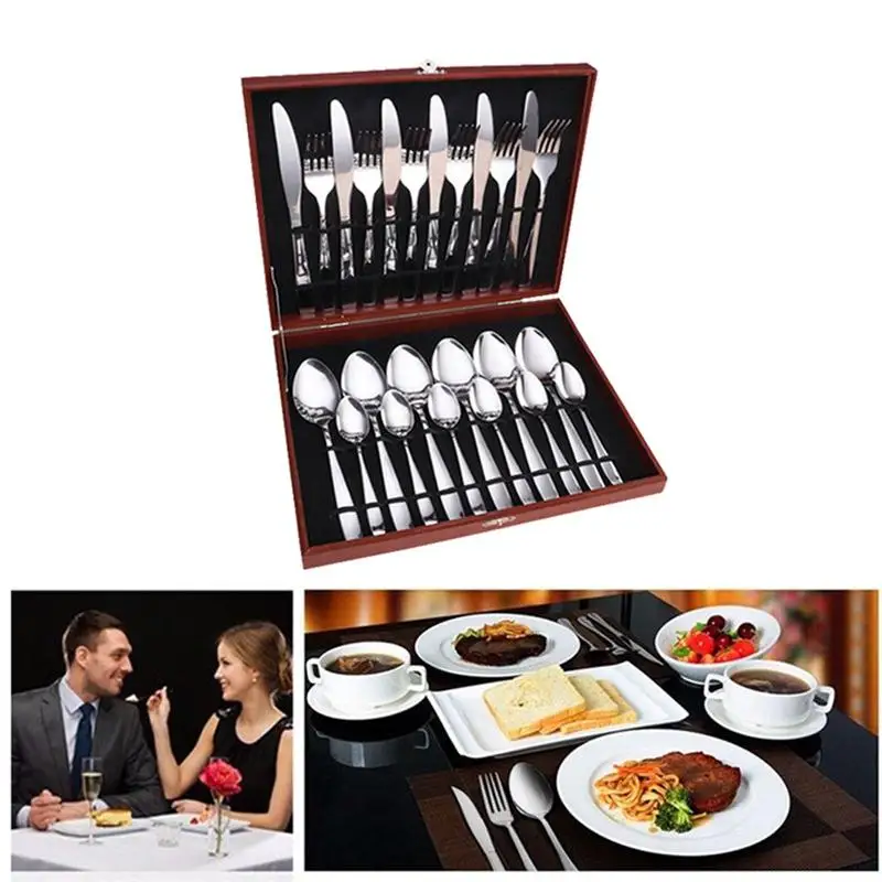  24pcs Flatware Set Stainless Steel Kitchen Cutlery Set Tableware Dinnerware Utensil Set with Wooden - 32993733992