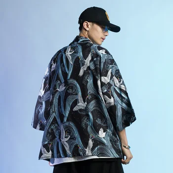 

Japanese Style Kimono Jacket Crane Print 2019 Summer Men Harajuku Streetwear Jacket Coat Casual Thin Gown Loose Sweat Wear Q004