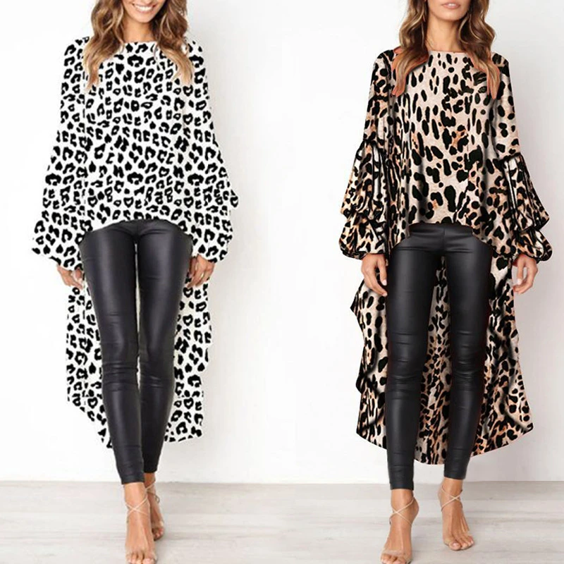 Tops y Blusas cortas por delante y por detrás, blusa casual con estampado leopardo y volantes holgado, Blusas de manga larga para dama| Blusas y camisas| -